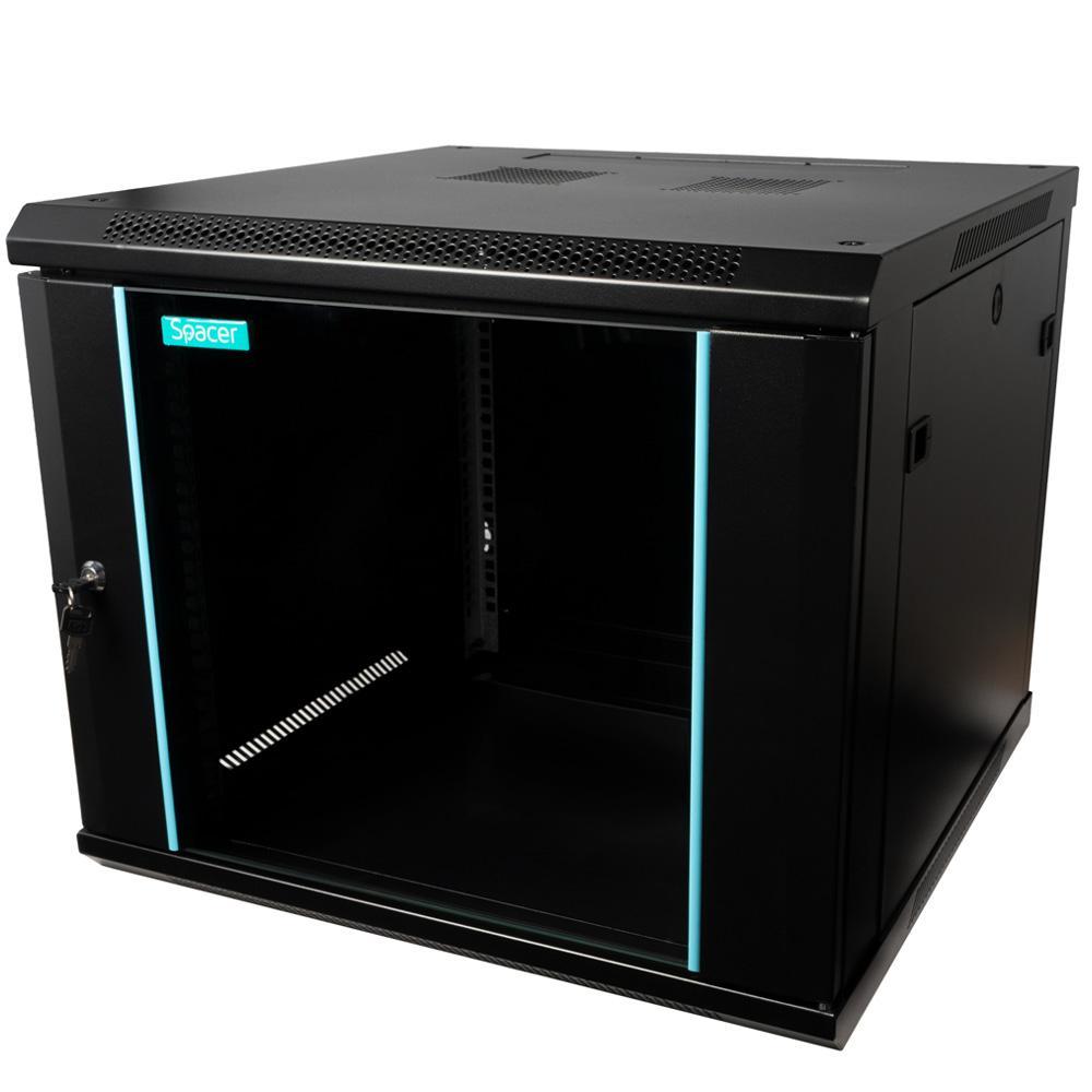 CABINET 19″ SPACER 9U 600x600mm, fixare pe perete, Flatpack (dezasamblat), Black, usa sticla cu blocare