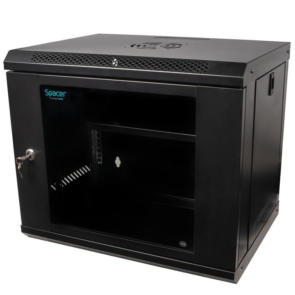 CABINET 19″ SPACER 9U 500x400mm, fixare pe perete, Flatpack (dezasamblat), Black, usa sticla cu blocare