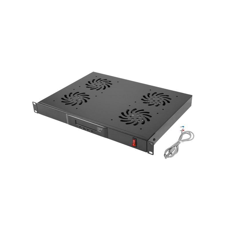Unitate cu 4 ventilatoare, 1U, termostat digital, senzor temp, temporizator, display LED, negru