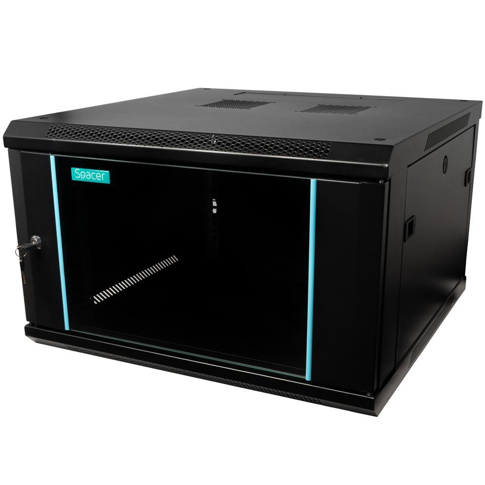 CABINET 19″ SPACER 6U 600x600mm, fixare pe perete, Flatpack (dezasamblat), Black, usa sticla cu blocare