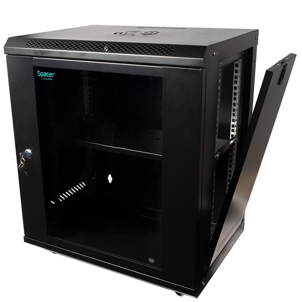 CABINET 19″ SPACER 12U 500x400mm, fixare pe perete, Flatpack (dezasamblat), Black, usa sticla cu blocare