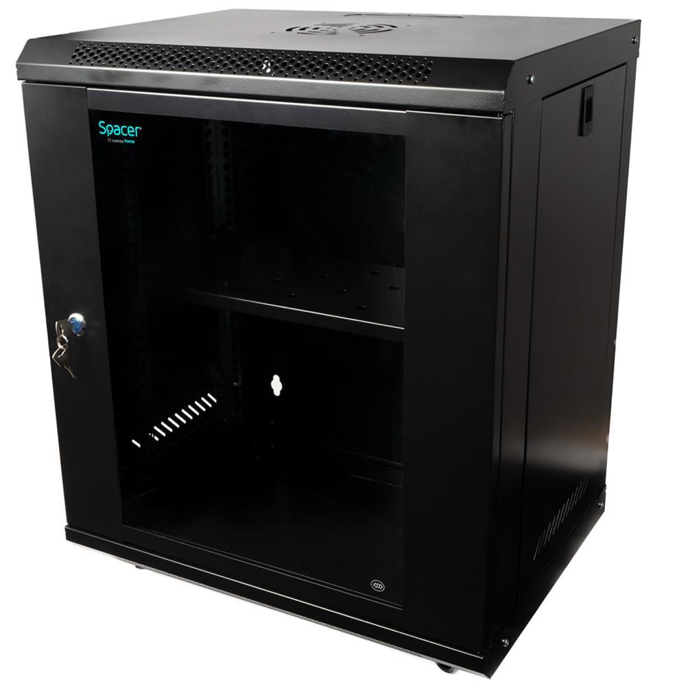 CABINET 19″ SPACER 12U 500x450mm, fixare pe perete, Flatpack (dezasamblat), Black, usa sticla cu blocare