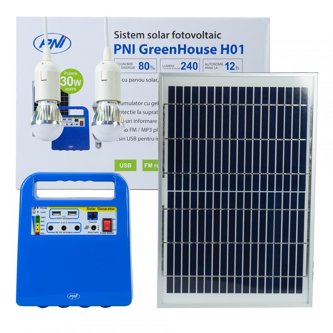 PNI SISTEM SOLAR FOTOVOLTAIC H01, GreenHouse H01 30W cu acumulator 12V/7Ah, USB/Radio/MP3, 2 becuri LED
