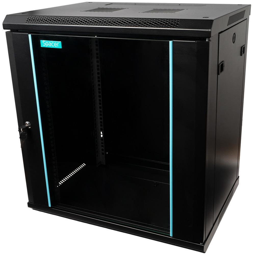 CABINET 19″ SPACER 12U 600x450mm, fixare pe perete, Flatpack (dezasamblat), Black, usa sticla cu blocare