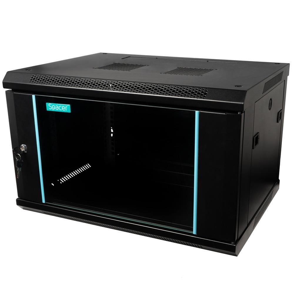 CABINET 19″ SPACER 6U 600x450mm, fixare pe perete, Flatpack (dezasamblat), Black, usa sticla cu blocare
